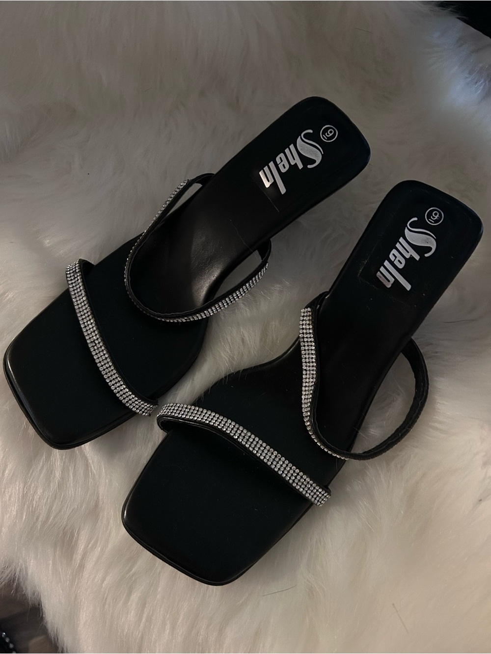 SHEIN Black Square-Toe Rhinestone Double-Strap Mules